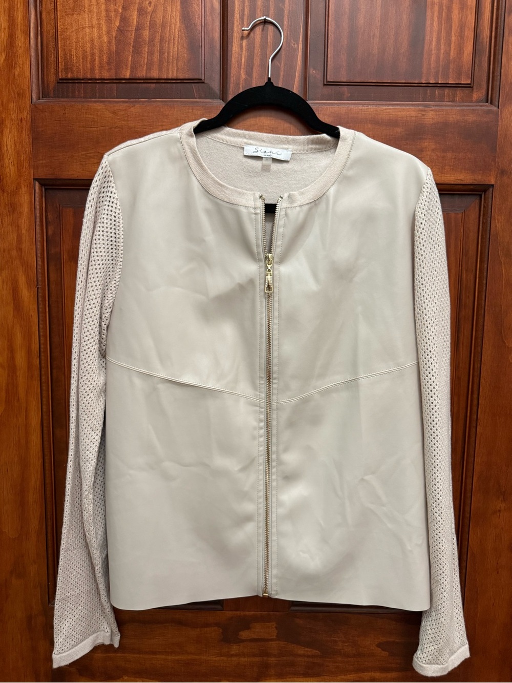 Milano Cream Leather-Front Jacket with Knit Perforated Sleeves